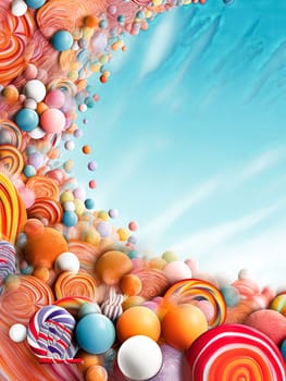 A colorful image of many different colored balls, including some that are red, orange, and yellow. The image has a playful and fun mood, as it is a candy display or a colorful arrangement of objects