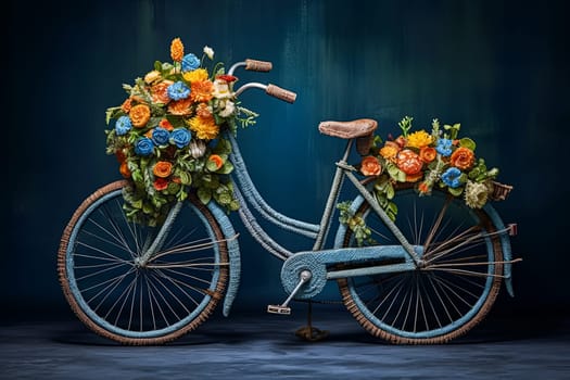 A bicycle with a basket full of flowers on it. The bike is on a blue wall