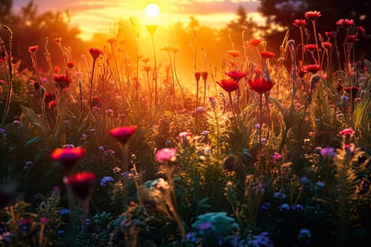 A field of flowers with a single red flower in the middle. The flowers are in full bloom and the sun is shining brightly