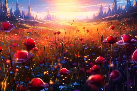 A field of flowers with a single red flower in the middle. The flowers are in full bloom and the sun is shining brightly