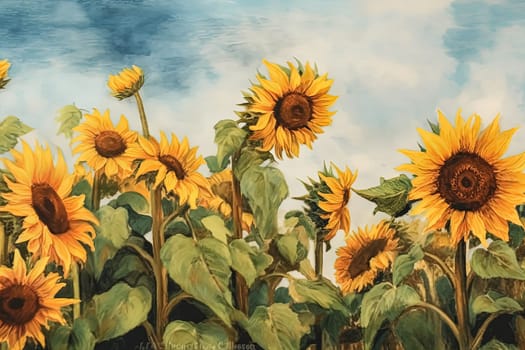 Three sunflowers are in a field, with one of them being the tallest. The sunflowers are all facing the same direction, towards the sky. Concept of warmth and happiness