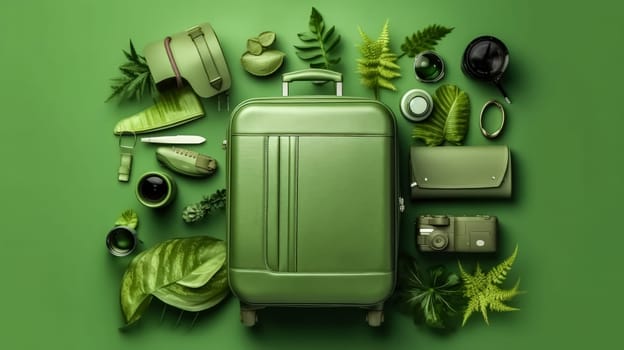 A green suitcase is surrounded by various items such as a camera, a bottle, and a purse. Concept of travel and adventure, with the suitcase representing the journey