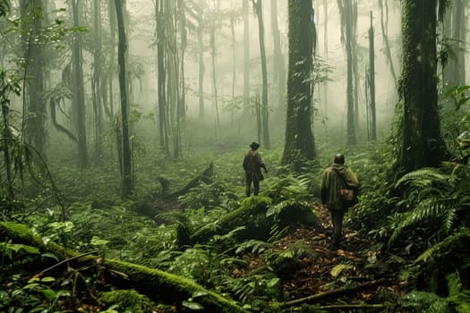 Two people are walking through a lush green jungle. The trees are tall and the foliage is dense