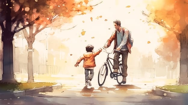 A man is holding a child's hand while riding a bicycle. Concept of warmth and bonding between the two. happy father's day concept