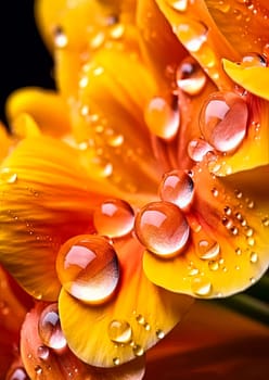 A close up of a flower with droplets of water on it. The droplets are small and scattered, giving the impression of a light rain. The flower is orange and has a delicate, almost ethereal quality to it