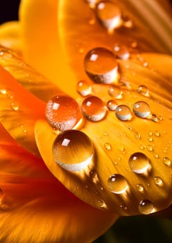 A close up of a flower with droplets of water on it. The droplets are small and scattered, giving the impression of a light rain. The flower is orange and has a delicate, almost ethereal quality to it