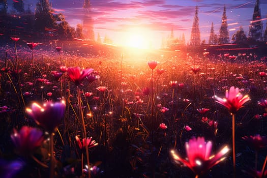 A field of flowers with a single red flower in the middle. The flowers are in full bloom and the sun is shining brightly