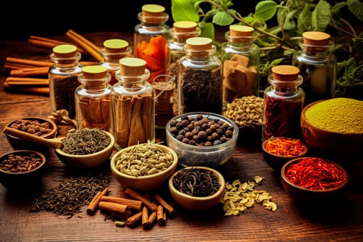 A table full of spices and herbs, including cinnamon, cumin, and pepper. The spices are arranged in small jars and bowls, and there is a spoon nearby. Concept of abundance and variety