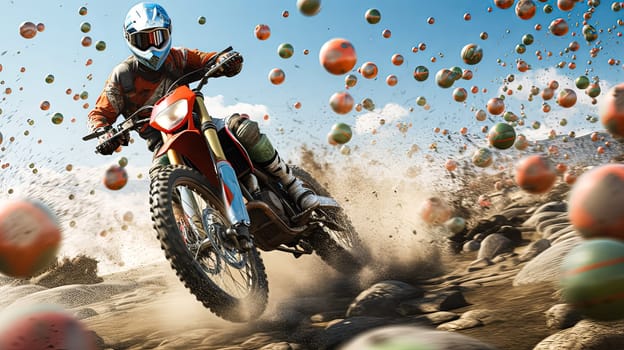 A man is riding a dirt bike through a field of colorful balloons. The scene is lively and fun, with the balloons adding a festive touch to the image