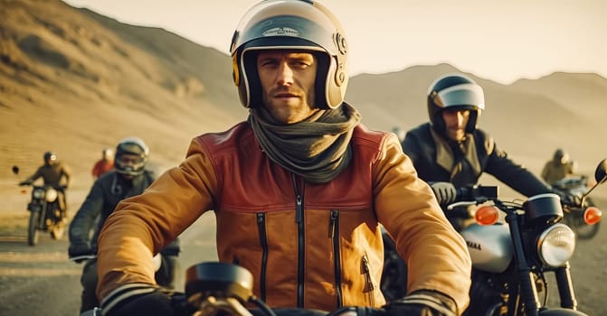 A man in a leather jacket and helmet is riding a motorcycle with other people on motorcycles. Concept of adventure and excitement, as the group of motorcyclists ride through a desert landscape