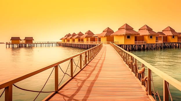 A wooden bridge leads to a row of beach houses. The houses are yellow and have thatched roofs. The water is calm and the sky is orange