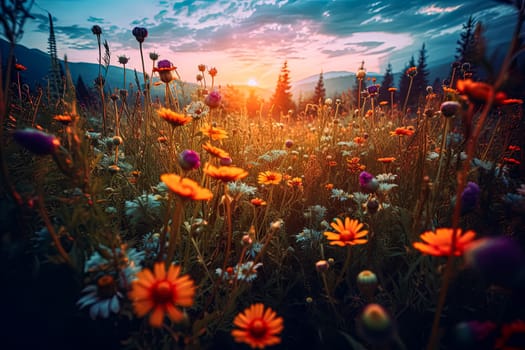 A field of flowers with a single red flower in the middle. The flowers are in full bloom and the sun is shining brightly