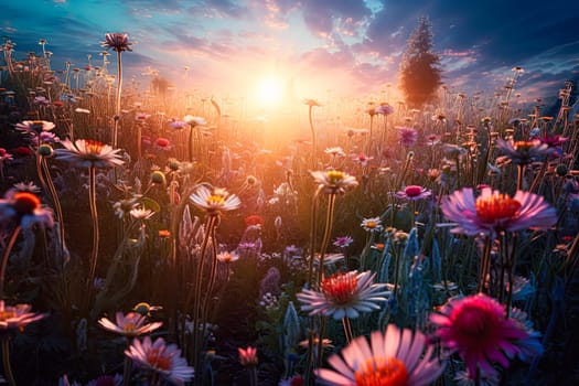 A field of flowers with a single red flower in the middle. The flowers are in full bloom and the sun is shining brightly