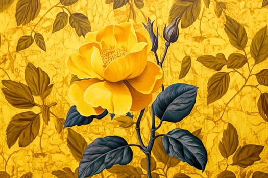 A yellow flower with a black stem is the main focus of the image. The flower is surrounded by leaves, which are also yellow. Scene is bright and cheerful, as the yellow color of the flower