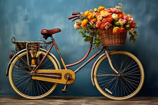 A bicycle with a basket full of flowers on it. The bike is on a blue wall