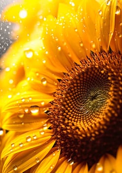 A close up of a yellow flower with water droplets on it. The droplets are scattered all over the flower, giving it a dreamy and ethereal appearance. The flower is the main focus of the image