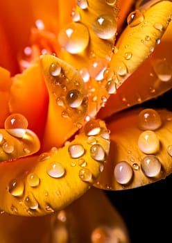 A close up of a flower with droplets of water on it. The droplets are small and scattered, giving the impression of a light rain. The flower is orange and has a delicate, almost ethereal quality to it