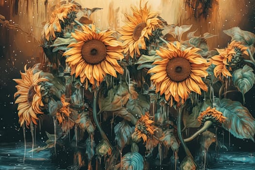 Three sunflowers are in a field, with one of them being the tallest. The sunflowers are all facing the same direction, towards the sky. Concept of warmth and happiness