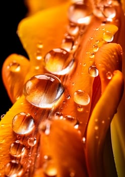 A close up of a flower with droplets of water on it. The droplets are small and scattered, giving the impression of a light rain. The flower is orange and has a delicate, almost ethereal quality to it