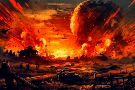 A painting of a war scene with a large explosion in the background. The mood of the painting is intense and chaotic