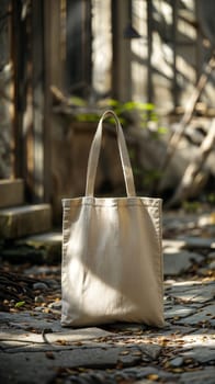 Reusable canvas tote bag stands on a cobblestone path amidst dappled sunlight and foliage, ideal for branding mockups