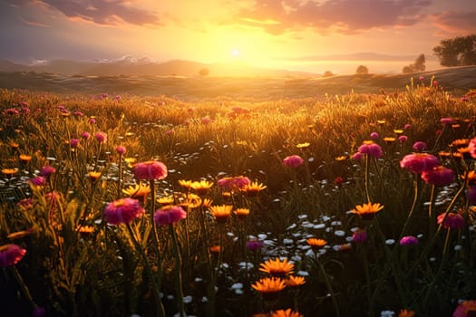 A field of flowers with a single red flower in the middle. The flowers are in full bloom and the sun is shining brightly