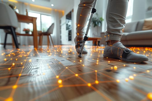A person is using a vacuum cleaner to clean the hardwood floors in a living room with laminate flooring and varnish. The room also contains a chair and a human leg event