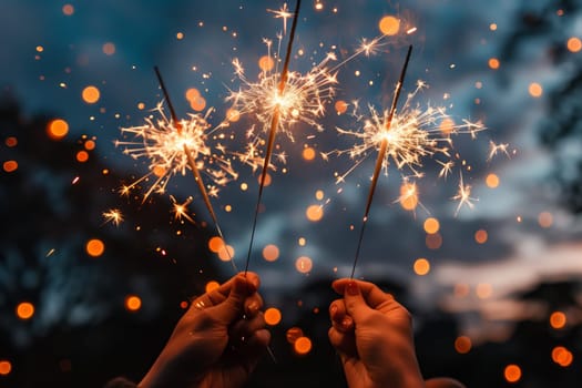 Two people are holding sparklers in their hands, creating a festive atmosphere under the night sky. The gesture of celebrating at midnight, by the water, adds a touch of magic to the event