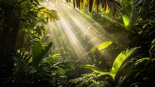 A lush, tropical jungle with a bright sun shining through the trees. The sunlight creates a warm, inviting atmosphere and highlights the vibrant green foliage. The scene is full of life and energy