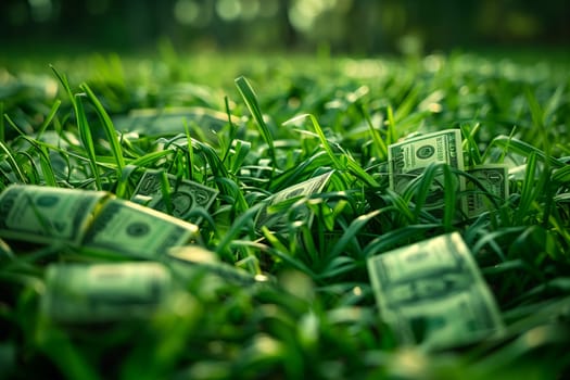 A stack of money is resting on the grassy ground, surrounded by terrestrial plants and people enjoying nature in a grassland setting