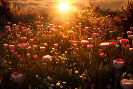 A field of flowers with a single red flower in the middle. The flowers are in full bloom and the sun is shining brightly