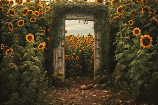 A door is in the middle of a field of sunflowers. The door is open and the sunflowers are in full bloom