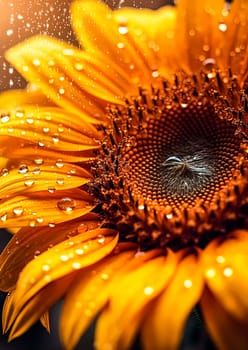 A close up of a yellow flower with water droplets on it. The droplets are scattered all over the flower, giving it a dreamy and ethereal appearance. The flower is the main focus of the image