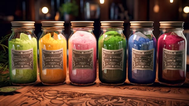 A row of six jars of different colored powders sit on a wooden table. The jars are labeled with different names, and the powders inside are of various colors. Concept of curiosity and wonder