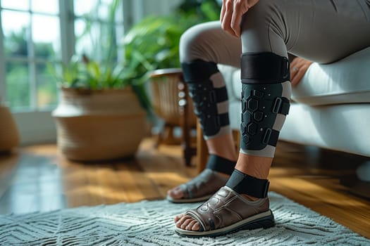 A woman with knee braces is sitting on a couch with sandals. Her leg sleeves provide support as she relaxes on the hardwood flooring, surrounded by houseplants and flowerpots