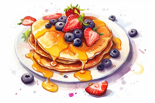A stack of pancakes with blueberries and strawberries on top. The pancakes are drizzled with syrup and the fruit is fresh and colorful. Concept of indulgence and enjoyment