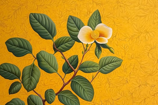 A yellow flower with a black stem is the main focus of the image. The flower is surrounded by leaves, which are also yellow. Scene is bright and cheerful, as the yellow color of the flower