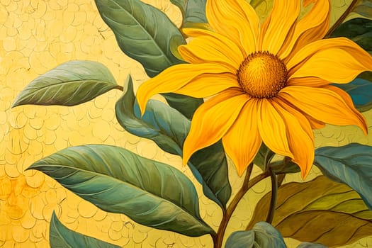 A yellow rose with green leaves is the main focus of the image. The painting has a bright and cheerful mood, with the yellow color of the rose and the green leaves creating a sense of freshness