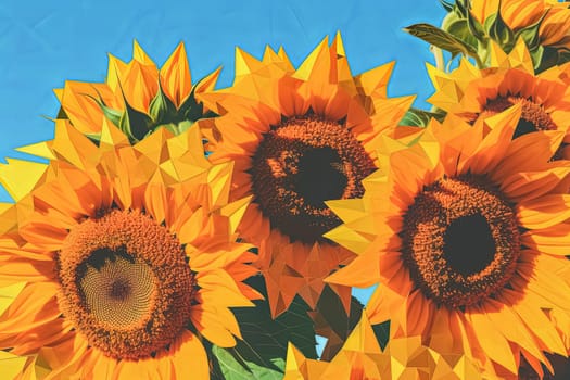 Three sunflowers are in a field, with one of them being the tallest. The sunflowers are all facing the same direction, towards the sky. Concept of warmth and happiness