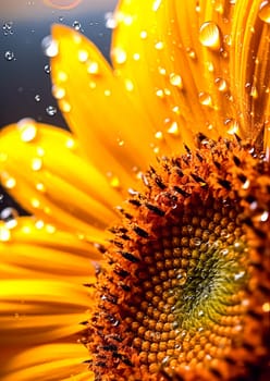 A close up of a yellow flower with water droplets on it. The droplets are scattered all over the flower, giving it a dreamy and ethereal appearance. The flower is the main focus of the image