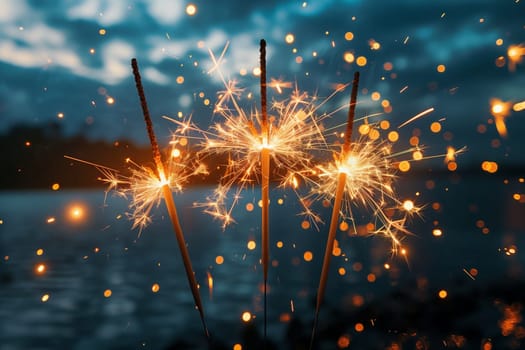 A group of sparklers illuminate the dark night sky by the waters edge, creating a magical atmosphere for a holiday event at midnight