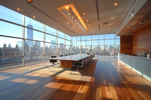 A spacious conference room in a building with hardwood flooring, a long table made of wood, and large windows providing natural light