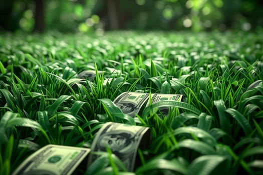 Green money is growing on the ground as a plant in a field, part of the grass family and natural landscape, serving as a groundcover in agriculture