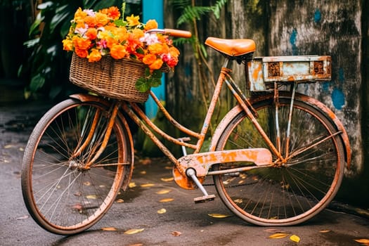 A bicycle with a basket full of flowers on it. The bike is on a blue wall