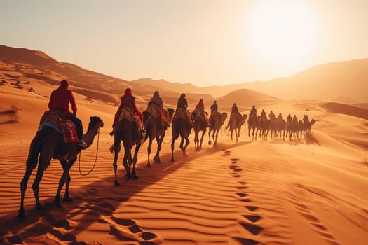 A group of travelers is journeying through the desert on camels, admiring the vast landscape and natural environment under the clear sky