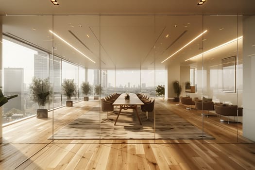 A conference room featuring a long wooden table and chairs, with hardwood flooring, plant fixtures, art on the walls, and a ceiling light fixture