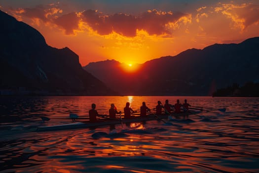 A group of people are rowing a boat on a lake at dusk, surrounded by the natural landscape of mountains and a colorful sunset in the highland ecoregion