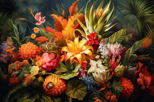 A painting of a colorful flower garden with a blue bird on top. The birds are flying around the flowers and the painting has a vibrant and lively feel to it