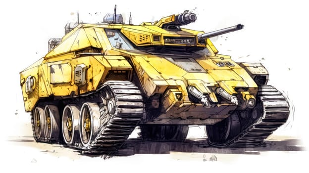 A military tank painted in yellow and white hues, featuring a bold black stripe, symbolizing its formidable presence on the battlefield.