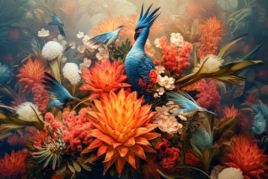 A painting of a colorful flower garden with a blue bird on top. The birds are flying around the flowers and the painting has a vibrant and lively feel to it